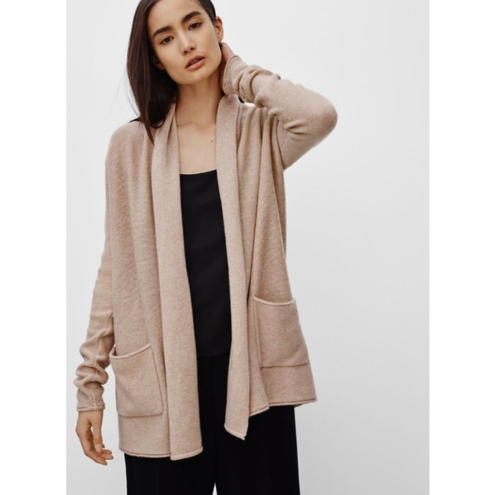 Aritzia Babaton Beekman Cashmere Wool Light Tan Open Front Cardigan